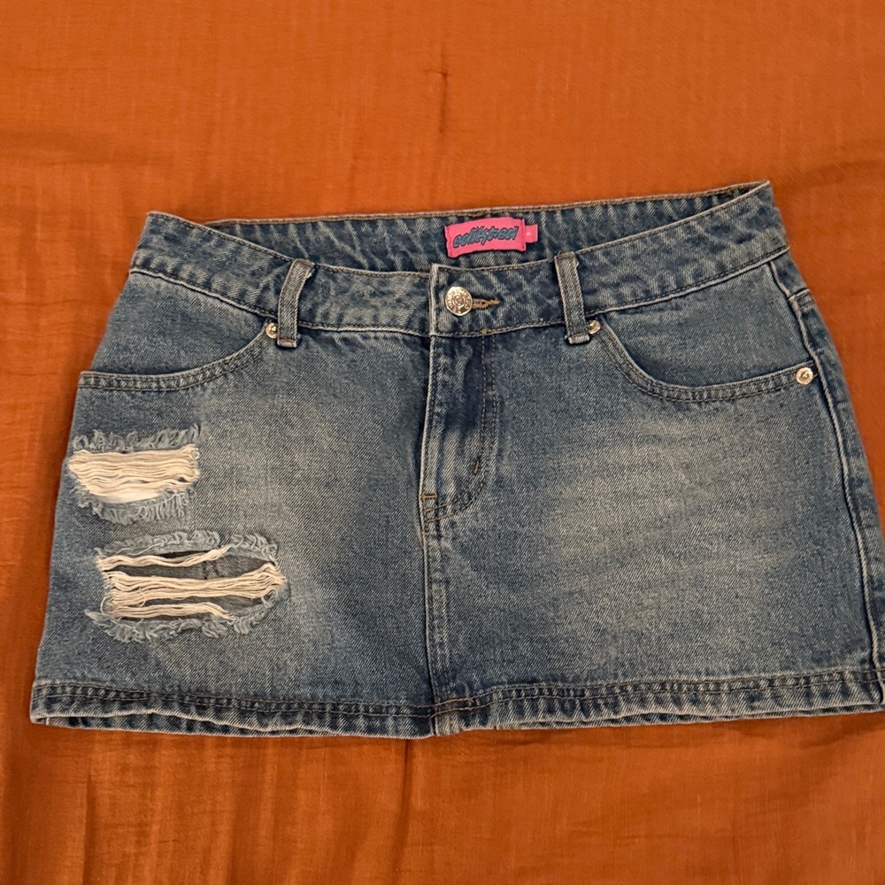 Edikted Blue Distressed Mini Skirt